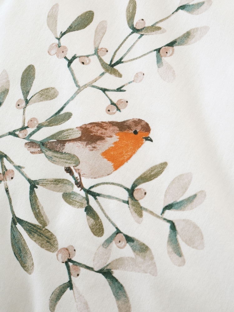 Catherine Lansfield Cream Brushed 100% Cotton Mistletoe Robins Duvet Cover Set - Image 5 of 6