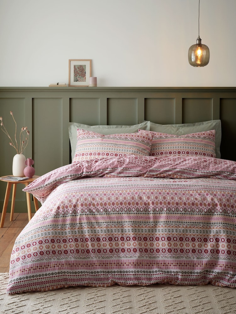 Catherine Lansfield Red Brushed 100% Cotton Geo Duvet Cover Set - Image 1 of 6