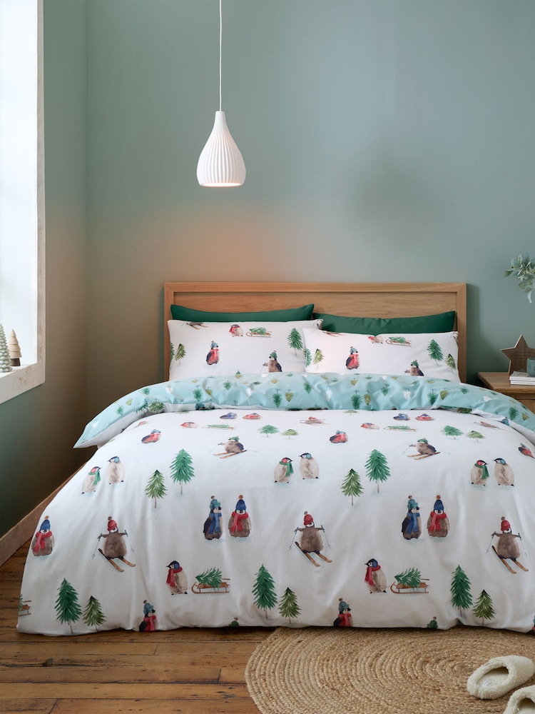 Catherine Lansfield White Brushed 100% Cotton Snowy Penguin Duvet Cover Set - Image 1 of 5