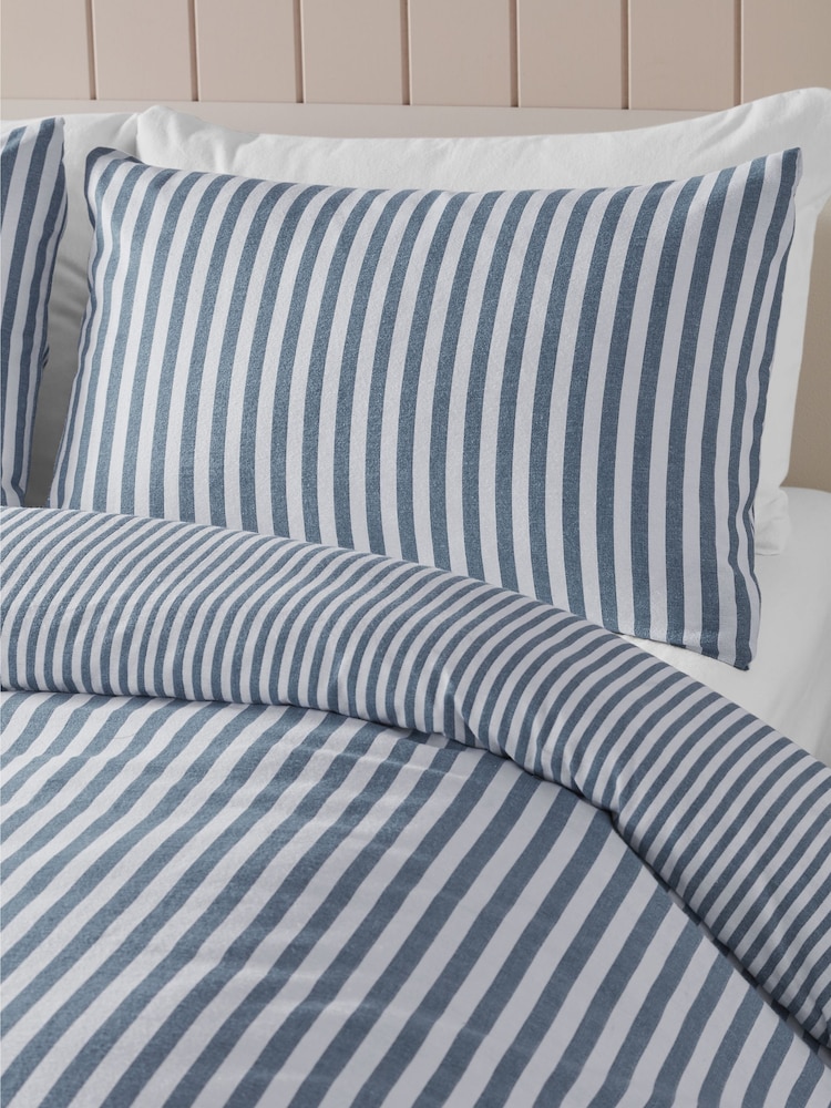 Catherine Lansfield Chambray Blue Brushed 100% Cotton Stripe Duvet Cover Set - Image 3 of 4
