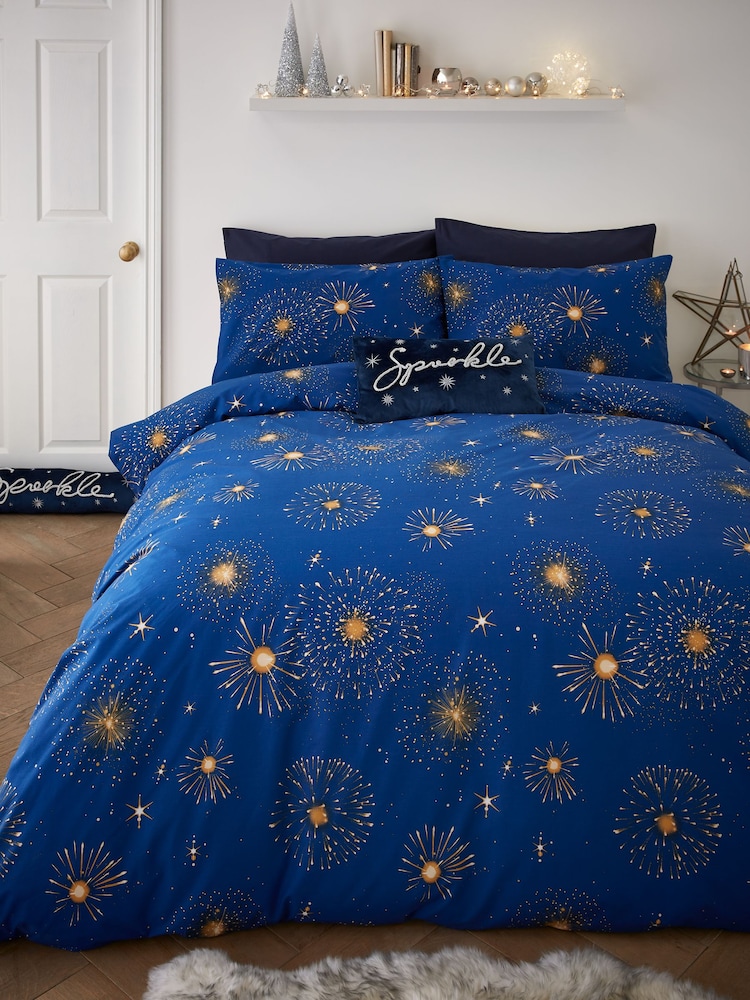 Catherine Lansfield Navy Blue Christmas Sparkle Reversible Duvet Cover Set - Image 2 of 4