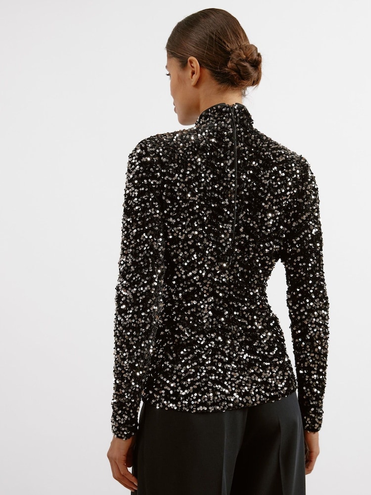 Albaray Velvet Sequin Turtle Neck Black Top - Image 2 of 4 Albaray Velvet Sequin Turtle Neck Black Top - Image 2 of 4