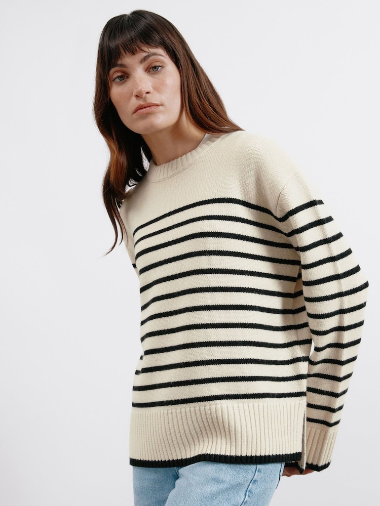 Albaray Cream Breton Dungă Guler rotund Pulover - Imaginea 2 din 5