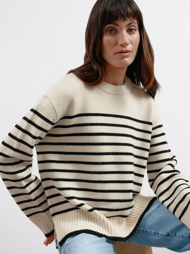 Albaray Cream Breton Dungă Guler rotund Pulover - Imaginea 5 din 5