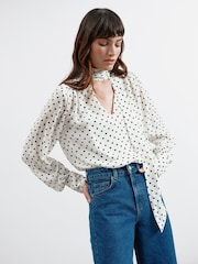 Albaray Cream Spot Long Sleeve Tie Top - Image 1 of 3