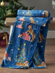 Catherine Lansfield Navy Blue Christmas Tiger Print Soft and Cosy Fleece Throw - Image 1 of 4