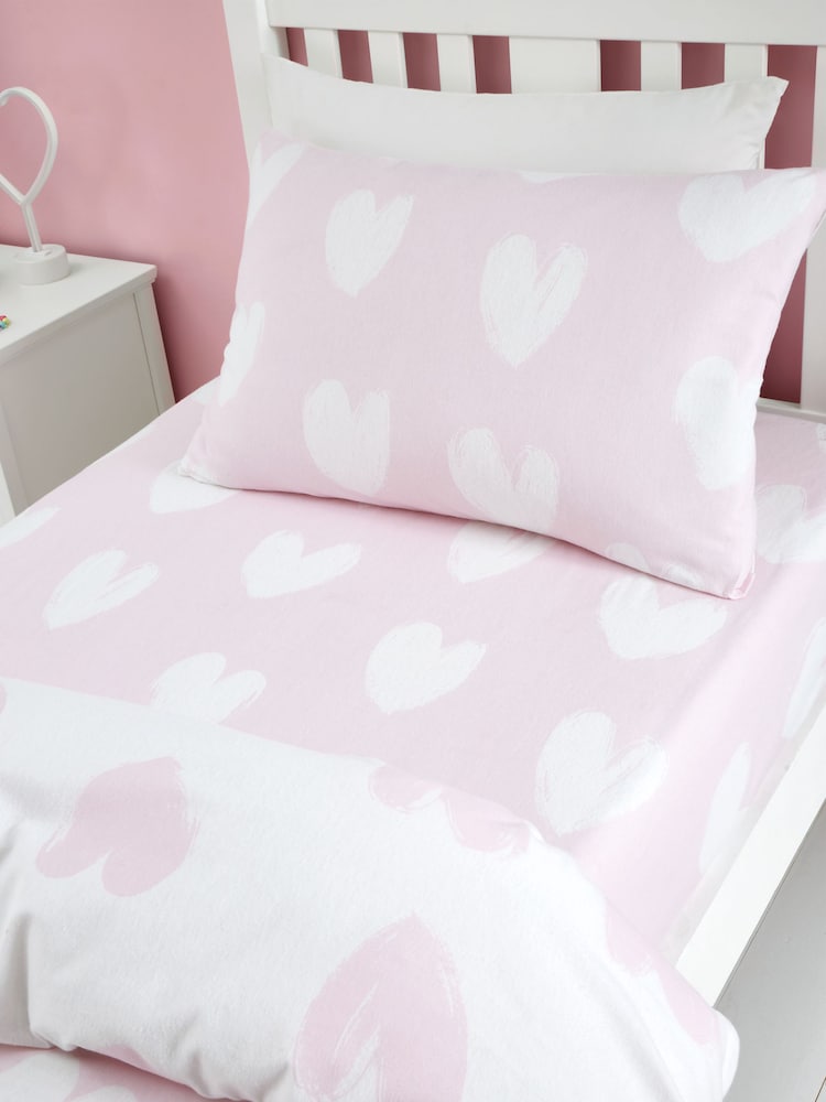 Catherine Lansfield Pink Brushed 100% Cotton Hearts Fitted Sheet - Image 1 of 2