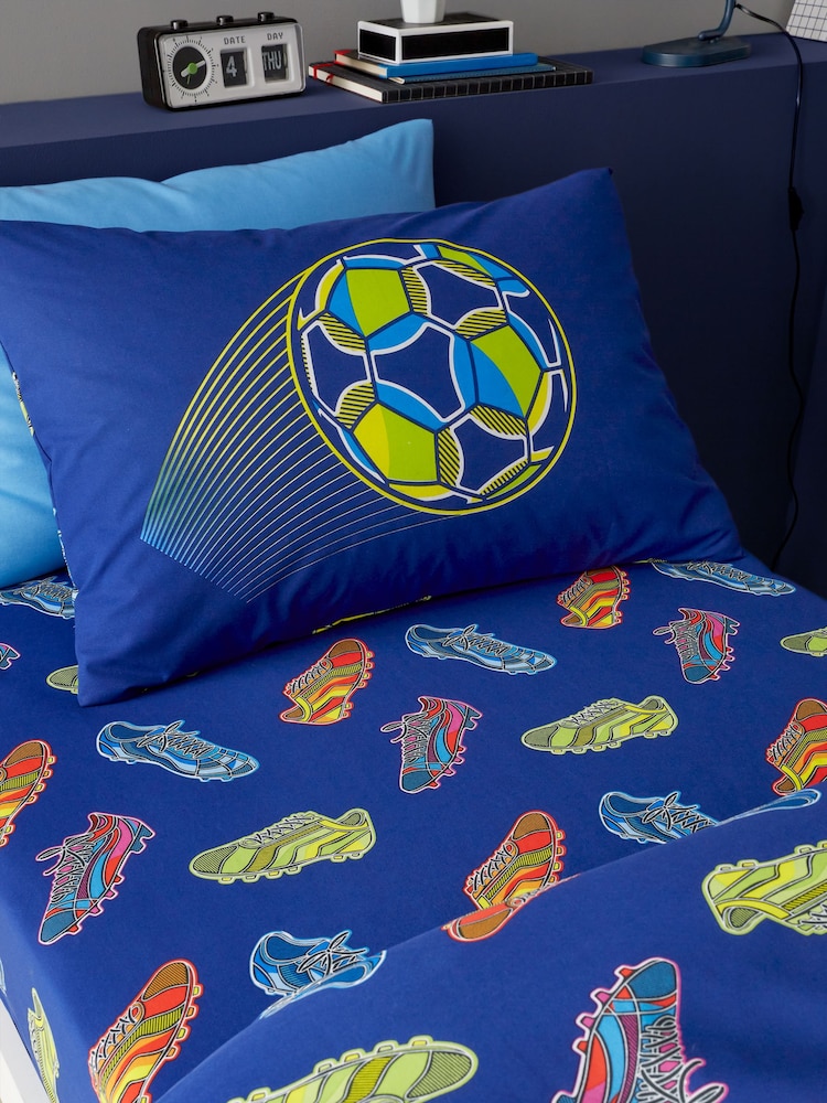 Catherine Lansfield Navy Blue Bright Football Fitted Bed Sheet - Image 1 of 2 Catherine Lansfield Navy Blue Bright Football Fitted Bed Sheet - Image 1 of 2