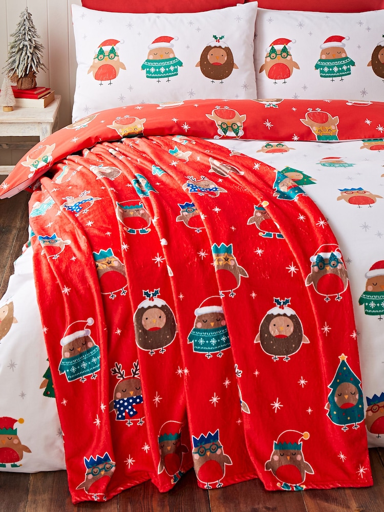 Catherine Lansfield Red Christmas Party Robins Soft and Cosy Fleece Throw - Image 1 of 2