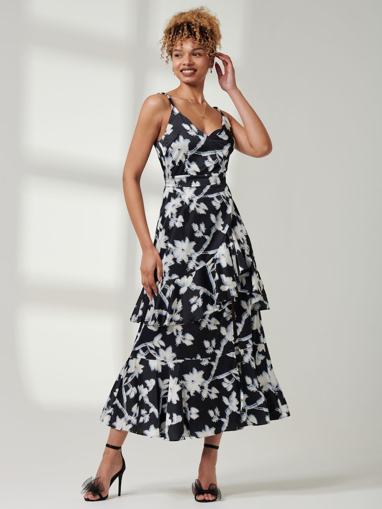 Jolie Moi Black Front Slit Satin Midi Dress - Image 1 of 6 Jolie Moi Black Front Slit Satin Midi Dress - Image 1 of 6