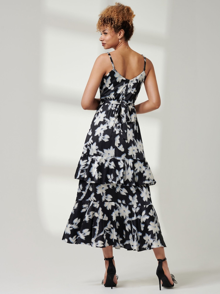 Jolie Moi Black Front Slit Satin Midi Dress - Image 2 of 6 Jolie Moi Black Front Slit Satin Midi Dress - Image 2 of 6