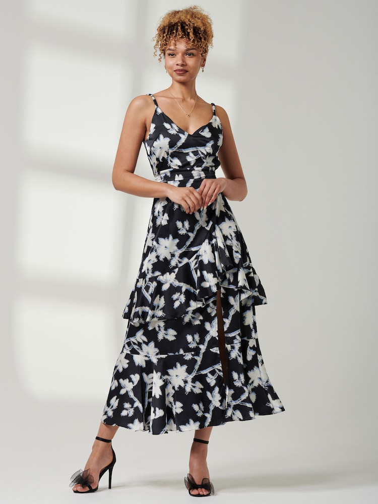 Jolie Moi Black Front Slit Satin Midi Dress - Image 6 of 6 Jolie Moi Black Front Slit Satin Midi Dress - Image 6 of 6