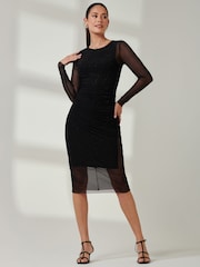 Jolie Moi Black Ruched Sheath Maxi Mesh Dress - Image 1 of 6