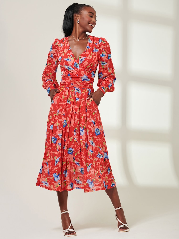 Jolie Moi Red Front Wrap Mesh Midi Dress - Image 1 of 6