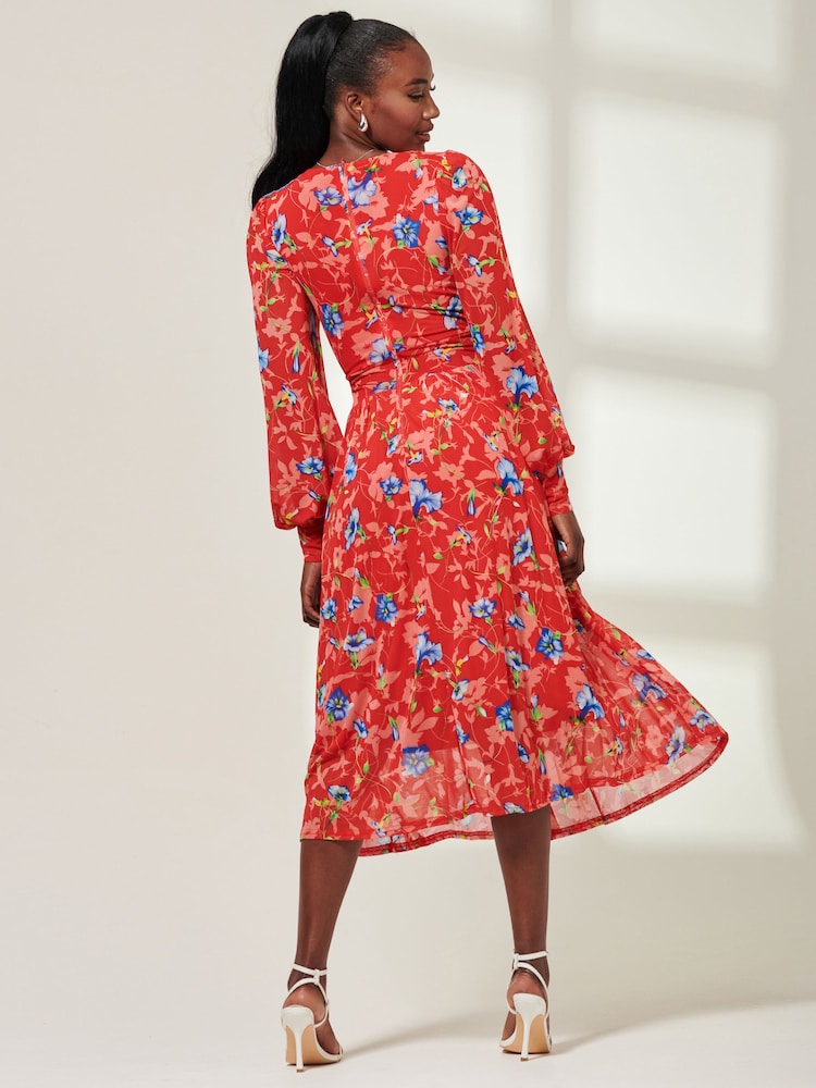 Jolie Moi Red Front Wrap Mesh Midi Dress - Image 2 of 6