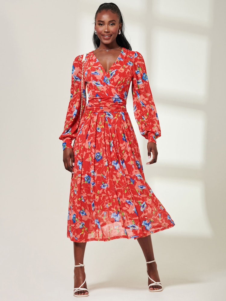 Jolie Moi Red Front Wrap Mesh Midi Dress - Image 6 of 6