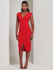 Jolie Moi Red Yseult V-Neck Split Bodycon Dress - Image 4 of 6
