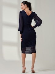 Jolie Moi Blue Long Sleeve Ruched Mesh Midi Dress - Image 2 of 6