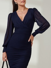 Jolie Moi Blue Long Sleeve Ruched Mesh Midi Dress - Image 3 of 6