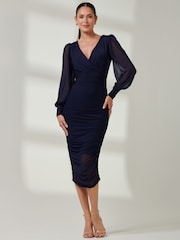 Jolie Moi Blue Long Sleeve Ruched Mesh Midi Dress - Image 4 of 6