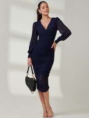 Jolie Moi Blue Long Sleeve Ruched Mesh Midi Dress - Image 5 of 6