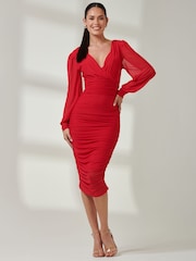 Jolie Moi Red Long Sleeve Ruched Mesh Midi Dress - Image 4 of 6