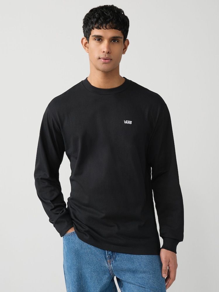 Vans Mens Loose Fit Small Logo Long Sleeved 100% Cotton Black T-Shirt - Image 1 of 6 Vans Mens Loose Fit Small Logo Long Sleeved 100% Cotton Black T-Shirt - Image 1 of 6