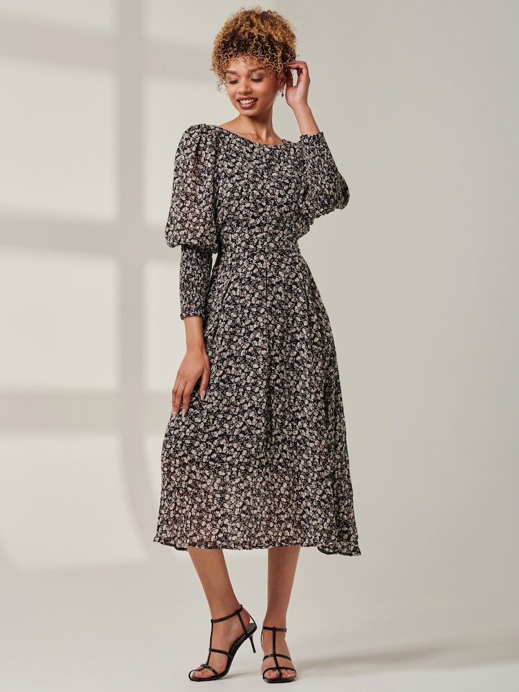 Jolie Moi Black Cuffed Ballon Sleeve Chiffon Dress - Image 1 of 6 Jolie Moi Black Cuffed Ballon Sleeve Chiffon Dress - Image 1 of 6