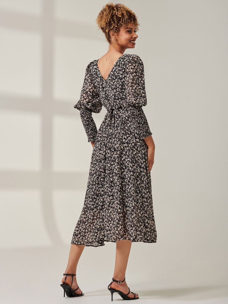 Jolie Moi Black Cuffed Ballon Sleeve Chiffon Dress - Image 2 of 6 Jolie Moi Black Cuffed Ballon Sleeve Chiffon Dress - Image 2 of 6