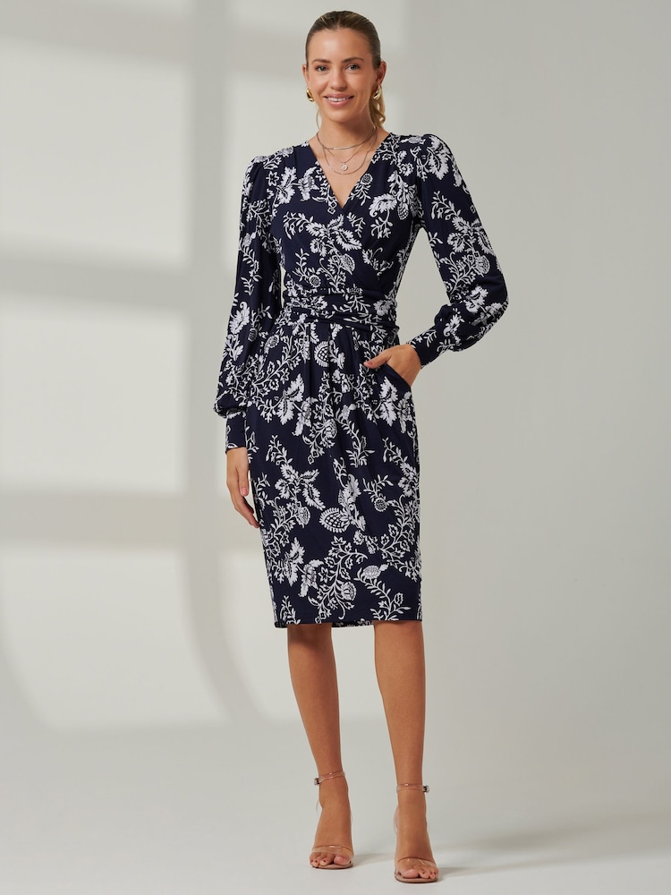 Jolie Moi Blue Long Sleeve Floral Midi Dress - Image 1 of 6