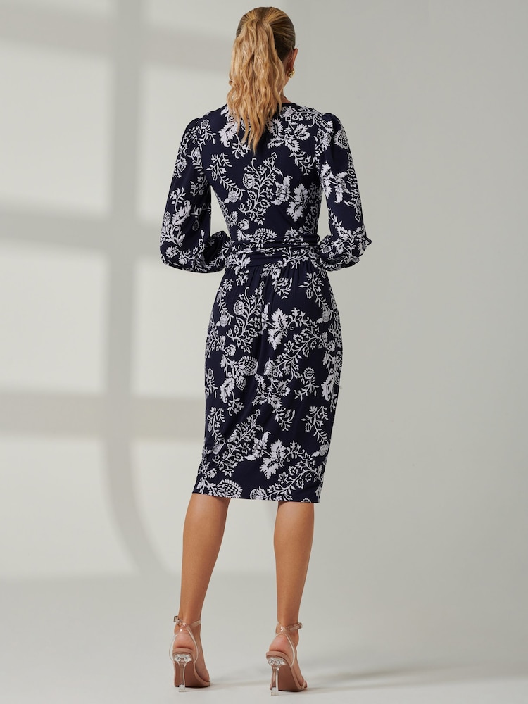 Jolie Moi Blue Long Sleeve Floral Midi Dress - Image 2 of 6 Jolie Moi Blue Long Sleeve Floral Midi Dress - Image 2 of 6
