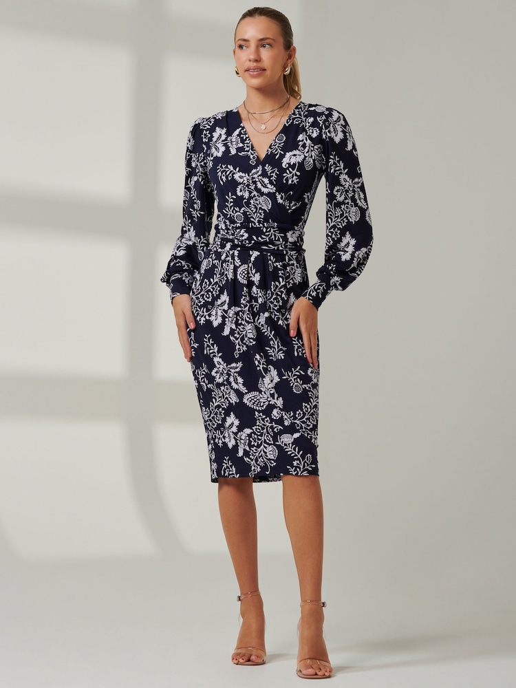 Jolie Moi Blue Long Sleeve Floral Midi Dress - Image 6 of 6