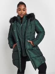 Yours Curve Green Midi Padded Puffer Coat - Image 1 of 6