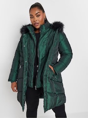 Yours Curve Green Midi Padded Puffer Coat - Image 2 of 6