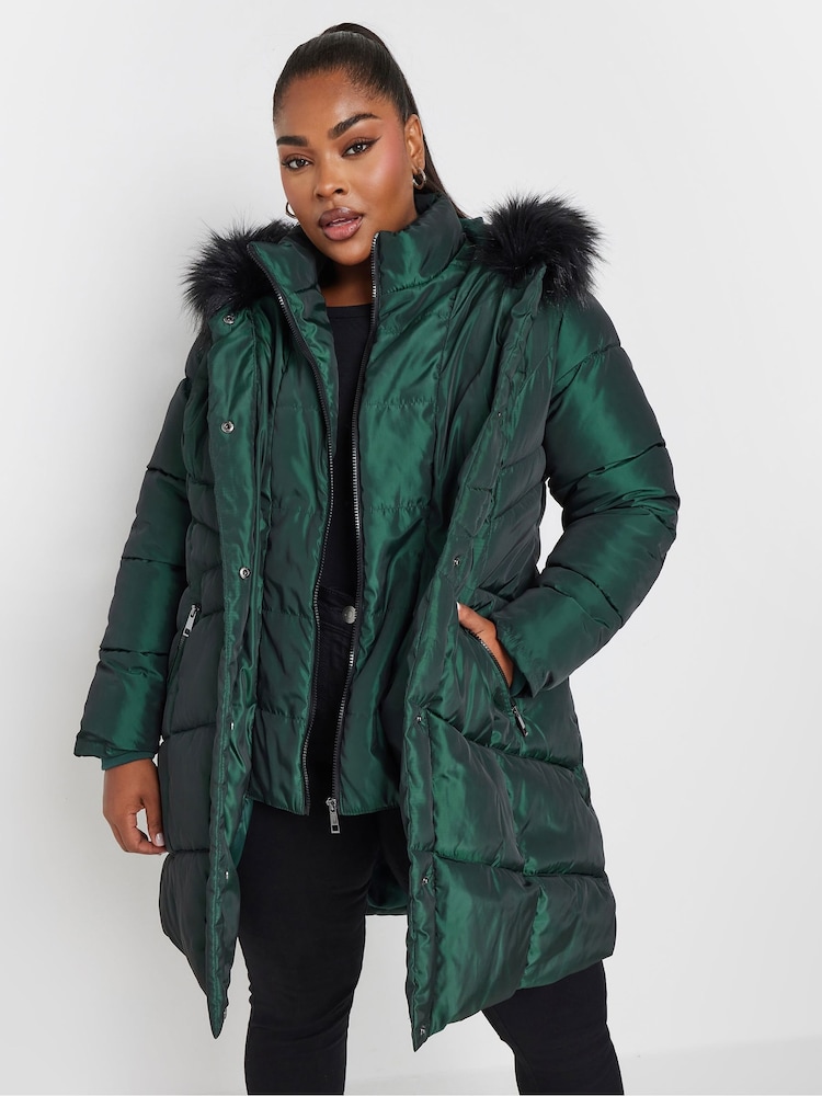 Yours Curve Green Midi Padded Puffer Coat - Image 2 of 6