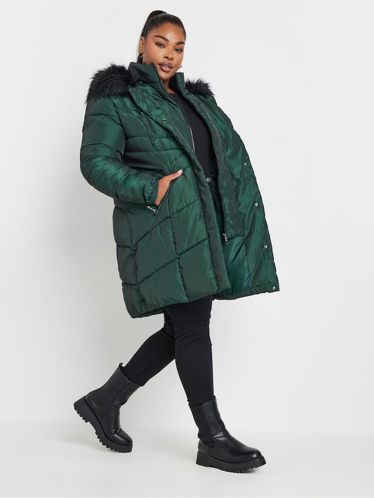 Yours Curve Green Midi Padded Puffer Coat - Image 3 of 6