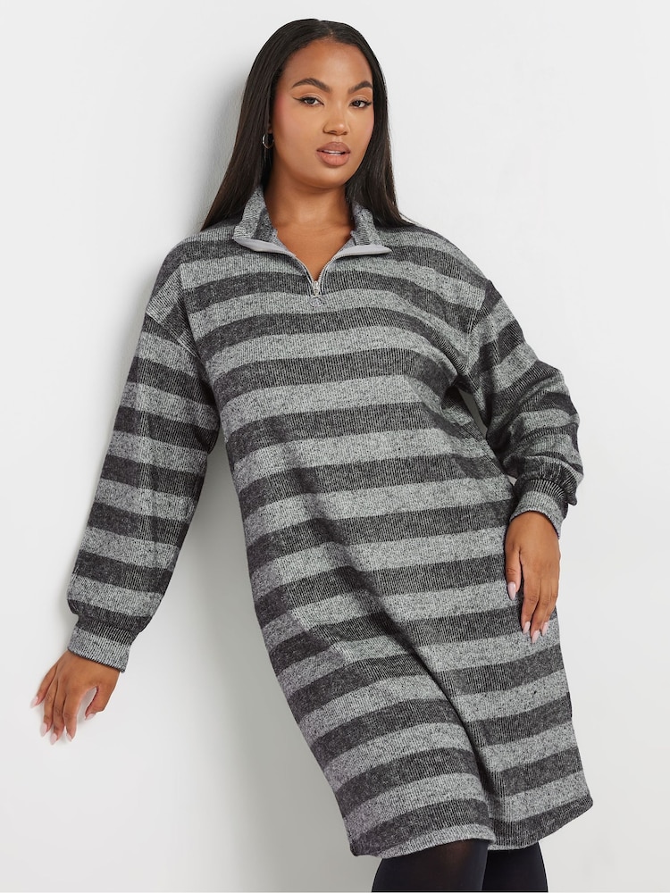 Yours Curve Grey Soft Touch Zip Neck Jumper Dress - Image 1 of 5