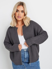 Yours Curve Grey Zip Thru Knitted Bomber Cardigan - Image 1 of 6