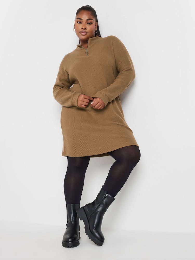 Yours Curve Cream Soft Touch Zip Neck Jumper Dress - Image 1 of 4