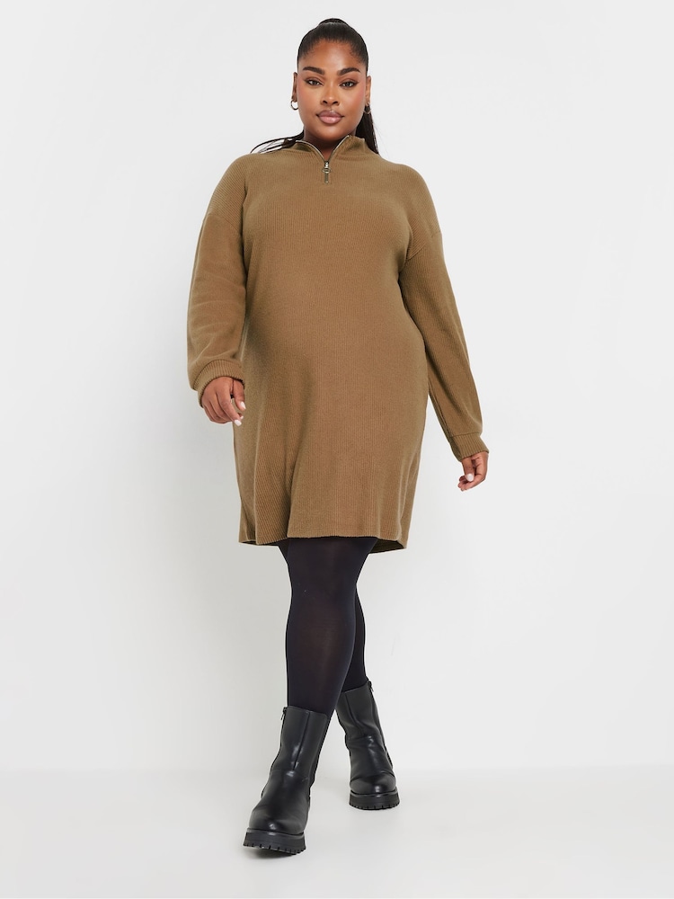 Yours Curve Cream Soft Touch Zip Neck Jumper Dress - Image 2 of 4