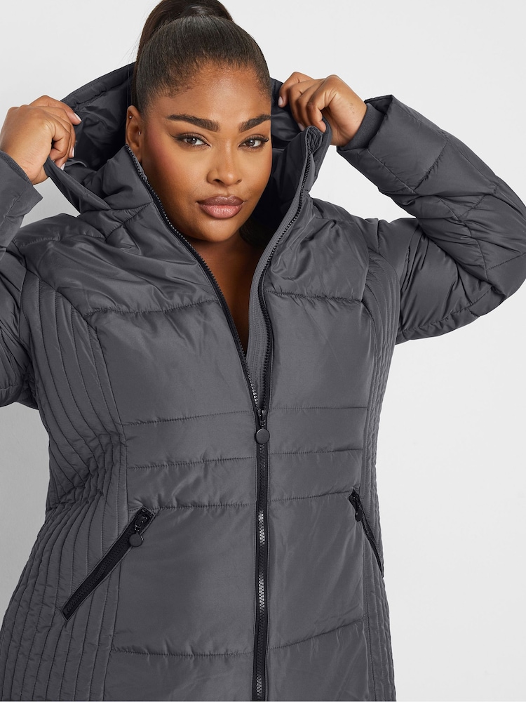 Yours Curve Grey Sporty Mid Weight Padded Coat - Image 4 of 5