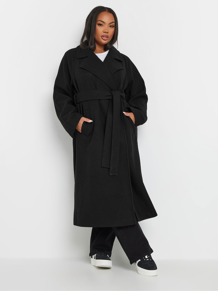 Yours Curve Black Unlined Maxi Wool Coat - Image 1 of 5