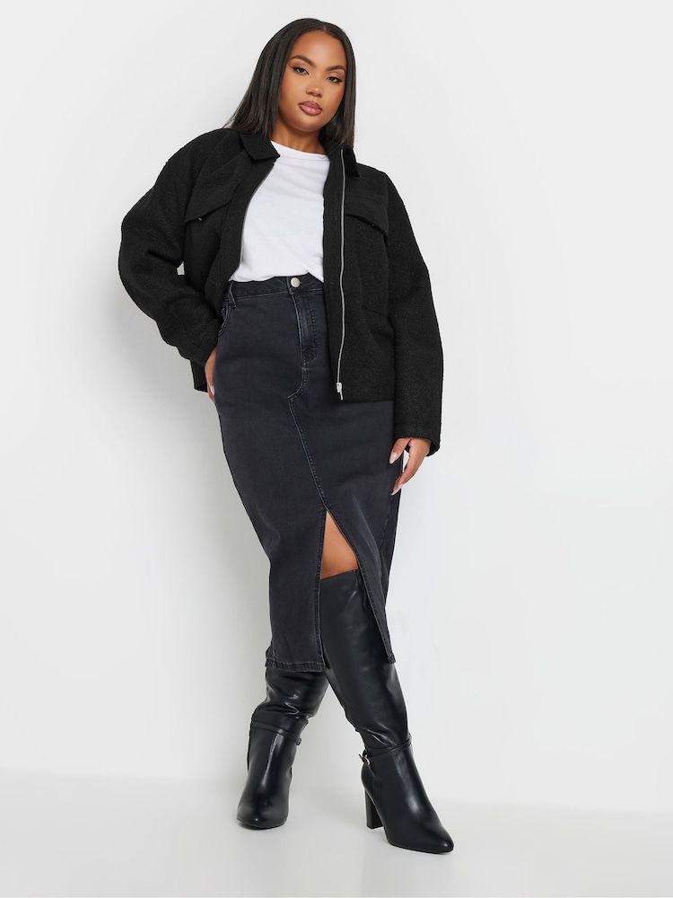 Yours Curve Black Wool Cropped Centre Front Jacket - Image 2 of 5