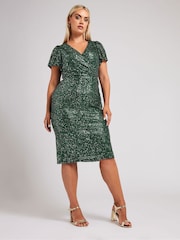 Yours Curve Green London Sequin Wrap Shift Dress - Image 1 of 5