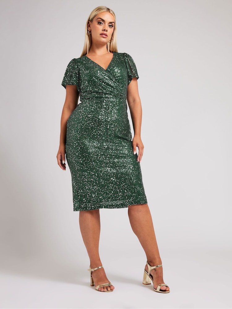 Yours Curve Green London Sequin Wrap Shift Dress - Image 1 of 5