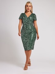 Yours Curve Green London Sequin Wrap Shift Dress - Image 2 of 5
