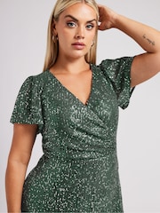Yours Curve Green London Sequin Wrap Shift Dress - Image 4 of 5