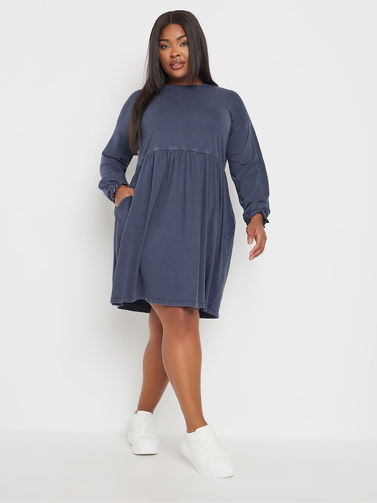 Yours Curve Blue Acid Frill Throw On 100% Cotton Dress - Image 1 of 5