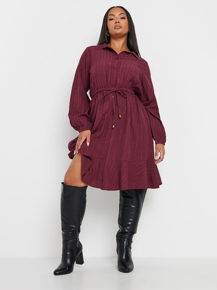 Yours Curve Burgundy Red Limited Stripe Dobby Shirt Tunic Dress - Image 1 of 4