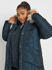 Yours Curve Blue Midi Padded Puffer Coat - Image 2 of 4